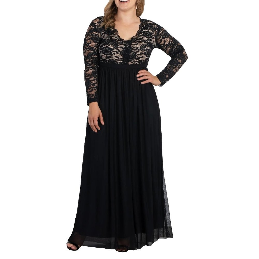 NWT $238 Kiyonna Onyx Jasmine Lace Bodice Long Sleeve Maxi Dress 0X